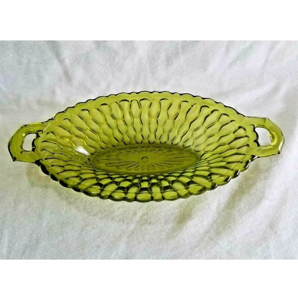 Vintage Dark Green Depression Glass Oval Pickle Dish w/ handles 8.5" long - Picture 1 of 6